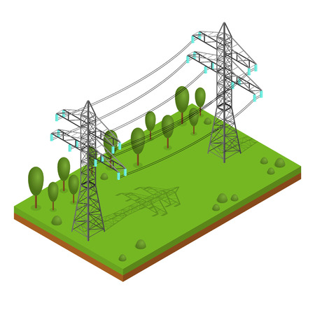 Power Lines Pylons. Landscape Support High Voltage. Isometric View. Vector illustrationのイラスト素材