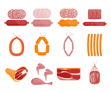 Meat and Sausage Set. Salami Slices. Flat Design Style. Vector illustrationのイラスト素材