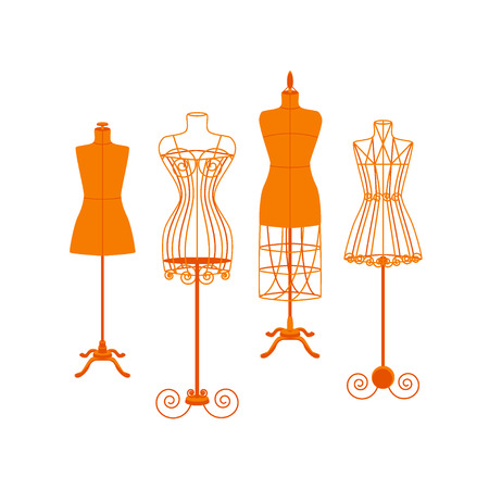 Vintage Mannequin or Dummies Color Set For Sewing Women Fashion Clothes Flat Design Style . Vector illustrationのイラスト素材