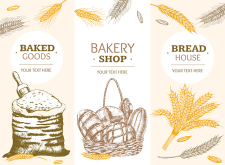 Bakery Banner Vertical Hand Draw Sketch. Food Vintage Style.  illustrationのイラスト素材