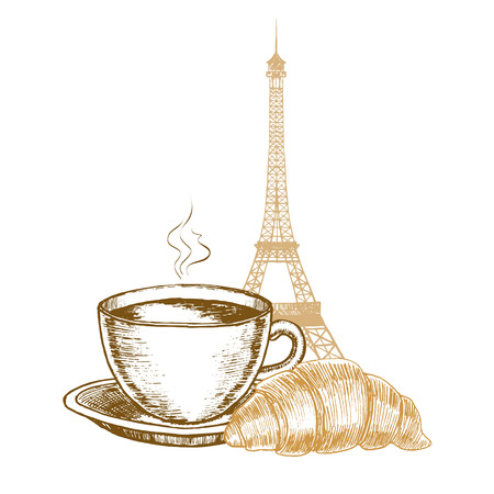 Eiffel Tower, Croissant and Coffee Cup in Paris Hand Draw Sketch. Vector illustrationのイラスト素材