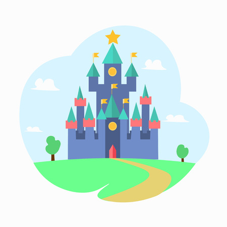 Cartoon Magic Castle Fairytale Medieval House. Flat Design Style. Vector illustrationのイラスト素材