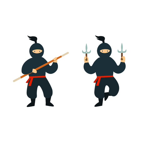 Cartoon Ninja Set. Flat Design Style. Different Combative Poses. Vector illustrationのイラスト素材