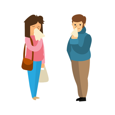 Cartoon Sick Man and Woman. People with Symptom Flu Flat Design Style. Vector illustrationのイラスト素材