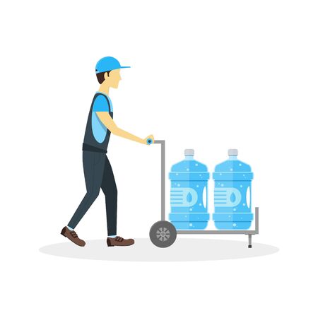 Water Delivery Boy or Man. Plastic Bottles in Cart. Flat Design Style Vector illustrationのイラスト素材