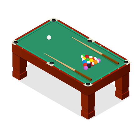 Billiard Table with Balls and Cue Isometric View for Web and App. Vector illustrationのイラスト素材