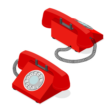 Red Old Phone Set Isometric View with Rotary Dial. Symbol of Support and Service Vector illustrationのイラスト素材