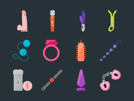 Cartoon Sex Toys Set for Intim Shop Flat Design Style. Bdsm Elements Vector illustrationのイラスト素材