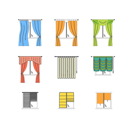 Colorful Curtains Types Thin Line Set Pixel Perfect Art. Material Design. Vector illustrationのイラスト素材