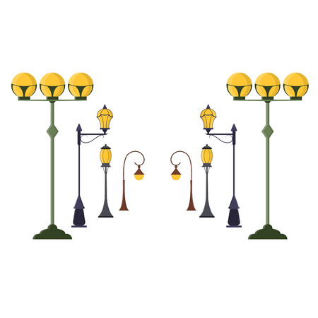 Street Lamp Post Set. Urban Light Pole Old Vintage Style. Flat Design Style. Vector illustrationのイラスト素材