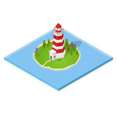 Nautical Lighthouse and House on the Island Isometric View. Map Design Element Vector illustrationのイラスト素材