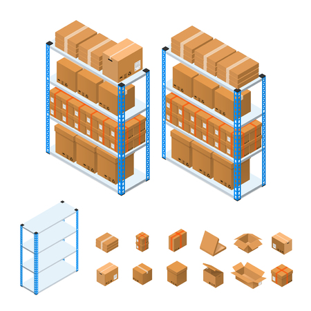 Warehouse Shelves Set Isometric View. Vectorのイラスト素材