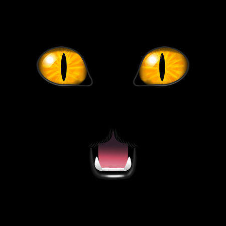 Realistic Cat Face on a Black Background Beautiful Domestic Animal Closeup on Dark. Vector illustrationのイラスト素材