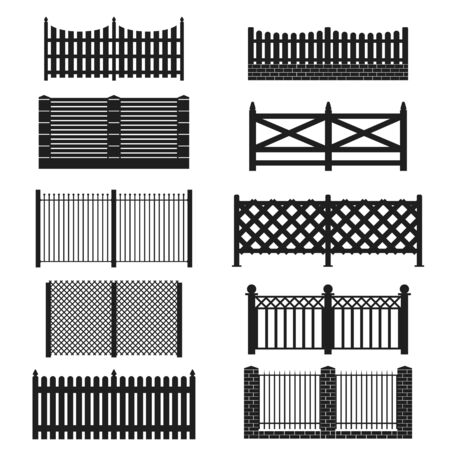 Silhouette Black Fence Icon Set. Vectorのイラスト素材