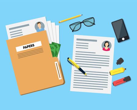 Cartoon View of Working Place witch Papers Folder. Vectorのイラスト素材