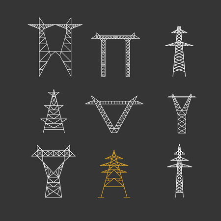 Silhouettes of High Voltage Electric Post Icon Set. Vectorのイラスト素材
