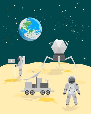 Cartoon Astronauts on Moon Surface Landscape. Vectorのイラスト素材