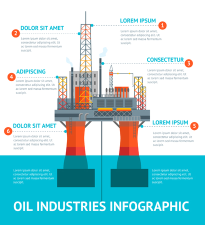 Cartoon Oil Industry Infographic Menu Drilling Platform in The Sea or Ocean Flat Design Style. Vector illustrationの写真素材