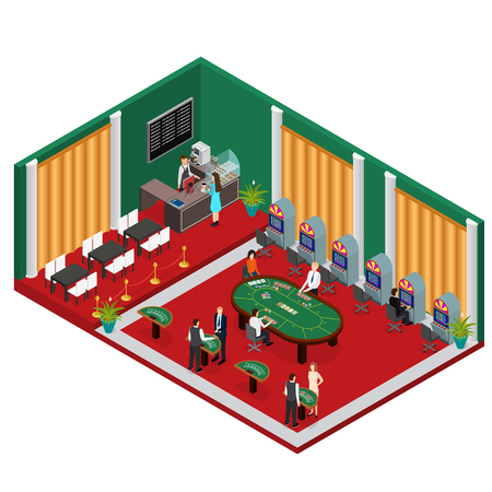 Interior Casino Isometric View with Furniture and Equipment Design Element. Vector illustrationのイラスト素材