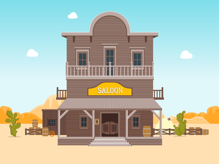 Cartoon Building Saloon on a Landscape Background. Vectorのイラスト素材