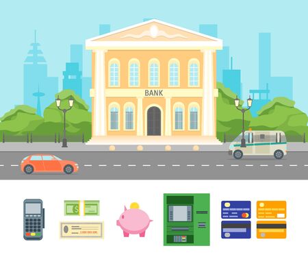 Cartoon Building Bank on a City Landscape Background. Vectorのイラスト素材