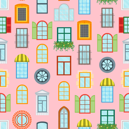 Cartoon Glass Windows Background Pattern on a Pink Decoration Building Construction Element Urban Street Flat Design Style. Vector illustrationのイラスト素材