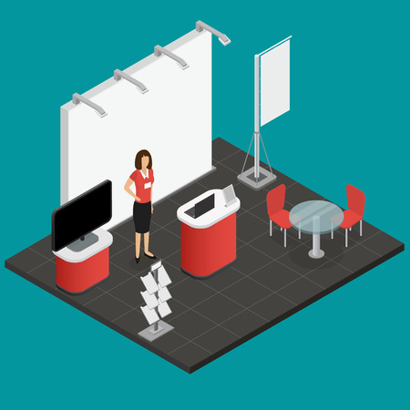 Exhibition Show Stand and Woman for Presentation Advertising and Promotion Business Isometric View. Vector illustrationのイラスト素材
