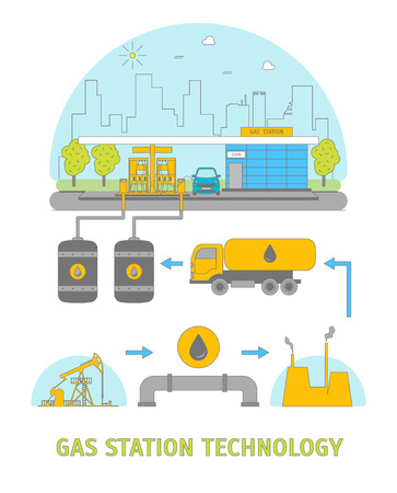 Cartoon Gas Station Technology Set Transportation and Production Concept Flat Style Design. Vector illustrationのイラスト素材