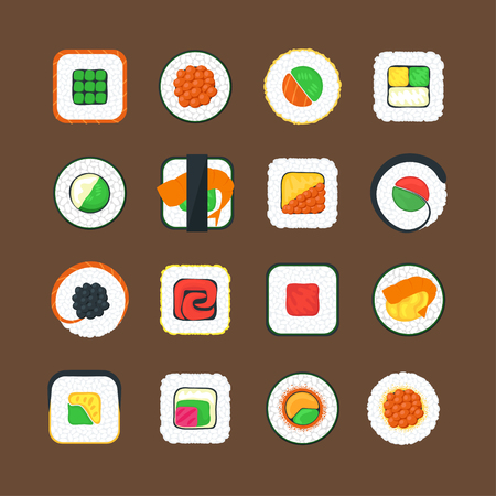 Sushi Asian Food Color Icons Set Tasty Oriental Cuisine Concept Web Style Design. Vector illustrationのイラスト素材