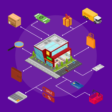 E-commerce Concept with Mobile Phone Shopping Technology Service Element Part Isometric View. Vector illustrationのイラスト素材