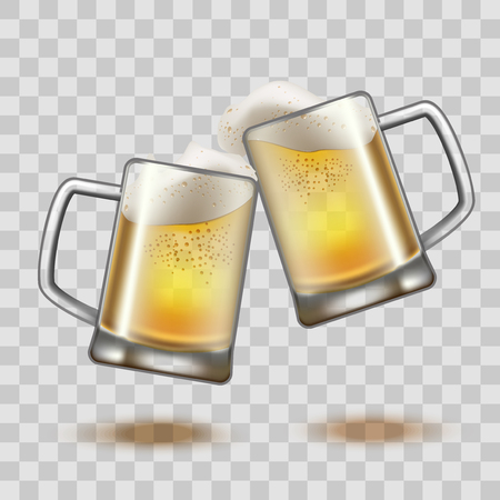 Realistic Detailed Full Beer Glass Mugs on a Transparent Background. Vector illustration.のイラスト素材