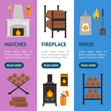 Cartoon Fireplace Banner Vertical Set. vector illustration.のイラスト素材