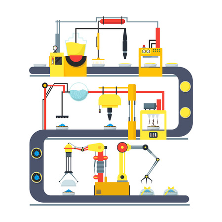 Factory Conveyor Automatic Cakes Production Line. Vectorのイラスト素材