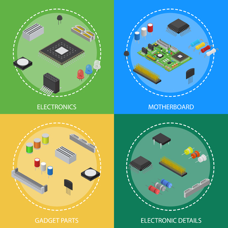 Computer Electronic Circuit Board Component Poster Card Set Isometric View. Vectorのイラスト素材