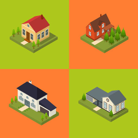 Residential Building for City and Village Poster Card Set Isometric View. Vectorのイラスト素材