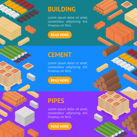 Construction Material Banner Horizontal Set Isometric View. Vectorのイラスト素材