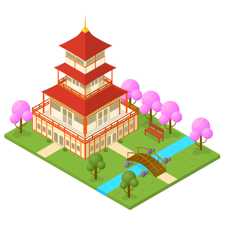 Japanese Temple Isometric View Traditional Building on a Landscape Background Oriental Symbol Travel Business. Vector illustration of Japanのイラスト素材