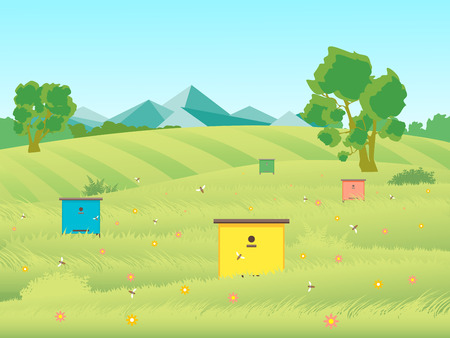 Cartoon Beekeeping Apiary Farm Garden Landscape Background with Beehive and Bee Flat Design Nature Scene for Card. Vector illustration of Beegardenのイラスト素材