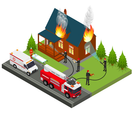 Firefighters Extinguish Fire at House Isometric View. Vectorのイラスト素材