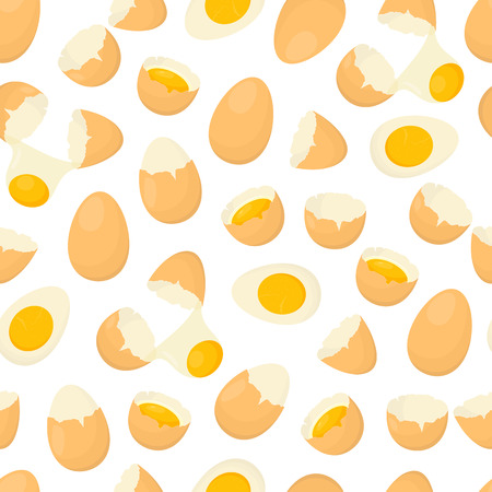 Cartoon Fried and Fresh Eggs Background Pattern on a White. Vectorのイラスト素材