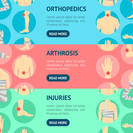 Human Injuries Set Bandage and Center Pain Banner Horizontal Set. Vectorのイラスト素材