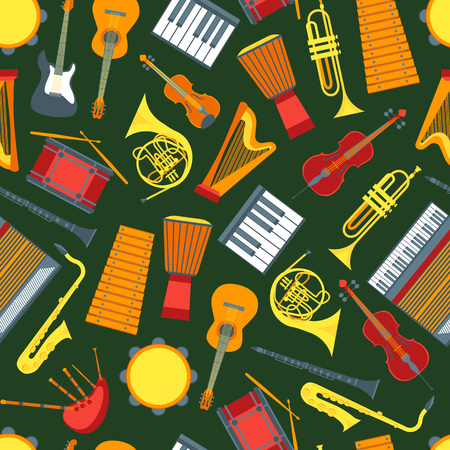 Cartoon Musical Insrtuments Background Pattern on a Green. Vectorのイラスト素材