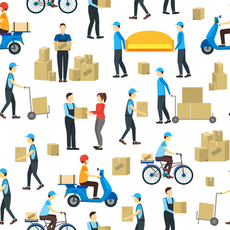 Cartoon delivery workers seamless pattern on white background, vector illustration.のイラスト素材