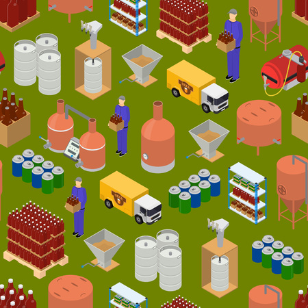 Equipment and beer production seamless pattern on green background. Isometric view style elements for brewing factory.のイラスト素材