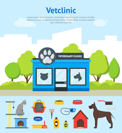 Cartoon Veterinary Clinic Building Card Poster and Elements Set. Vectorの写真素材