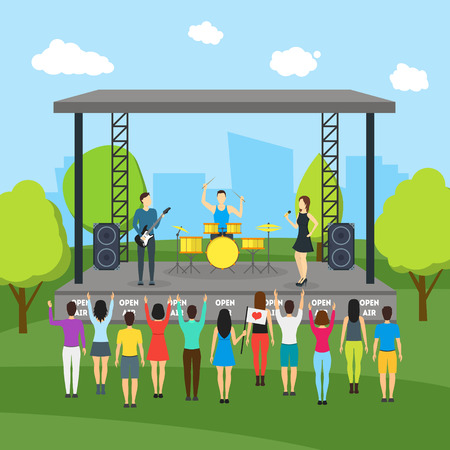 Cartoon Open Air Festival and Landscape Background. Vectorのイラスト素材