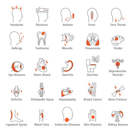 Human Diseases Signs Thin Line Icon Set. Vectorのイラスト素材