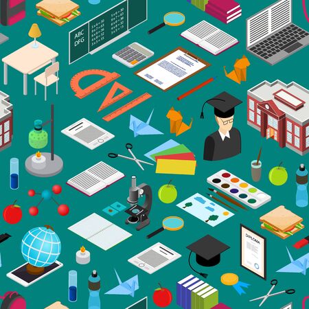 Education School Background Pattern Isometric View. Vectorのイラスト素材