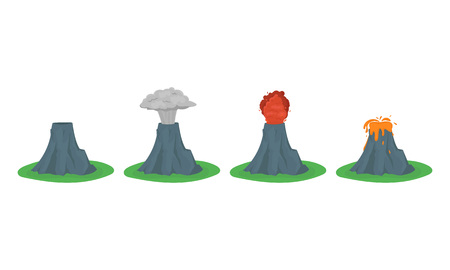 Different stages of volcanic eruption in cartoon style.のイラスト素材