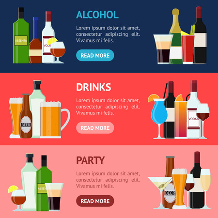 Cartoon alcoholic beverages drink banner in horizontal set.のイラスト素材